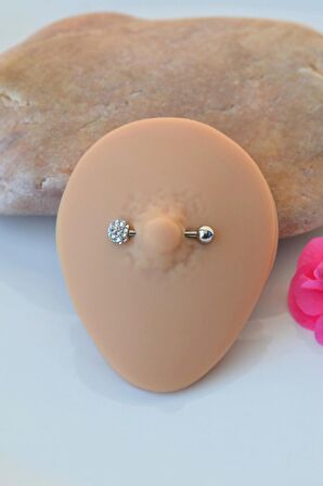 Taşlı Topçuklu Çelik Nipple Piercingi Bir Ucu Taşlı Göğüs Piercingi