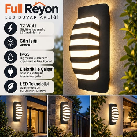Şık Tasarım 12 Watt, IP65 Yağmurdan Etkilenmez, 3000 Kelvin Led Aplik (Elektrikle Çalışır Sensörsüz)