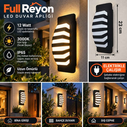 Şık Tasarım 12 Watt, IP65 Yağmurdan Etkilenmez, 3000 Kelvin Led Aplik (Elektrikle Çalışır Sensörsüz)