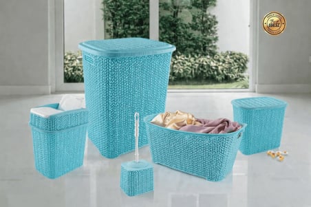 5 Parça Örgü Desenli Plastik Banyo Seti Çamaşır Sepeti Deterjanlık  Kovası Klozet Fırçası - Mi