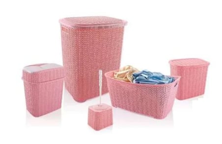 5 Parça Örgü Desenli Plastik Banyo Seti Çamaşır Sepeti Deterjanlık Klik  Kovası Klozet Fırçası