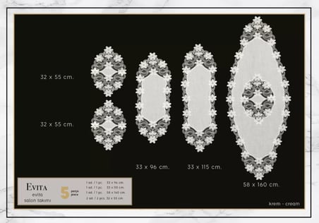 5 Parça Evita Krem-Krem Model Keten Dantelli Masa Örtüsü Runner Seti Salon Takımı