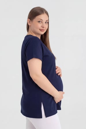 Premium Tişörtler Anne Gebelik Pamuklu Likralı Lacivert Kısa Kollu Hamile Tişört
