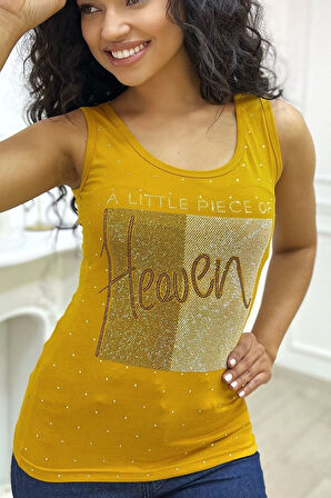 Heaven Crystal Taş Baskılı Dar Kesim / Slim Fit Pamuk Kadın Şık Atlet Kalın Askılı Kolsuz T-shirt