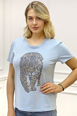 Kaplan Crystal Taşlı Büyük Beden Bisiklet Yaka Siyah Pamuk Kadın T-shirt