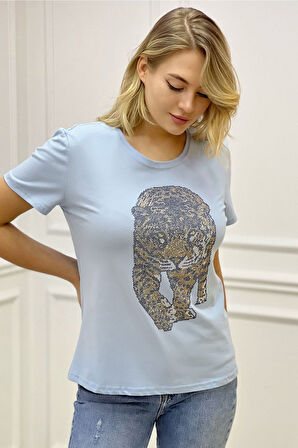 Kaplan Crystal Taşlı Büyük Beden Bisiklet Yaka Siyah Pamuk Kadın T-shirt