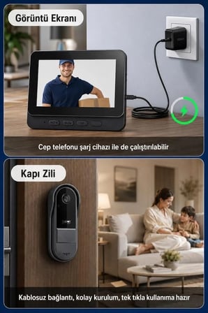 Gece Görüşlü Hd Sistem Görüntülü Monitörlü Su Geçirmez Kablosuz Akıllı Kapı Zili CMR25 Siyah