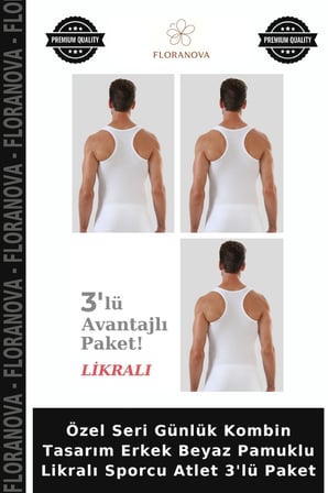 Özel Seri Günlük Kombin Tasarım Erkek Beyaz Pamuklu Likralı Sporcu Atlet 3'lü Paket