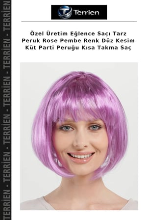 Özel Üretim Eğlence Saçı Tarz Peruk Rose Pembe Renk Düz Kesim Küt Parti Peruğu Kısa Takma Saç