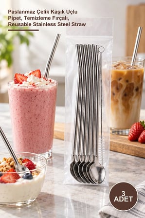 3 Adet Kaşıklı Metal Pipet Seti – Paslanmaz Çelik Kaşık Uçlu Pipet, Temizleme Fırçalı, Reusable Stainless Steel Straw