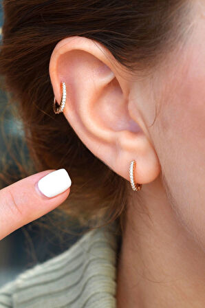 Rose Gold Renk Taşlı Mini Halka Küpe Günlük Kullanıma Uygun Dayanıklı Küpe