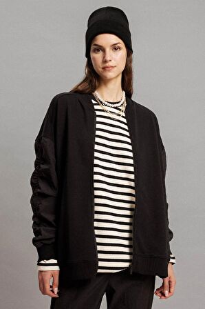 DeFacto Oversize Geniş Kalıp Bomber Mont Ceket Kolej Yaka Basic Düz Fermuarlı Cepli C1819AX24SPBK81