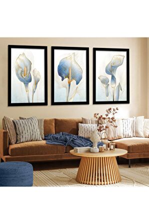 GOLD AYNALI PLEKSİ ÇERÇEVELİ MODERN MAVİ KAHVERENGİ MERMER ÇİÇEK DESENLİ SOYUT ÇİZİM TABLO