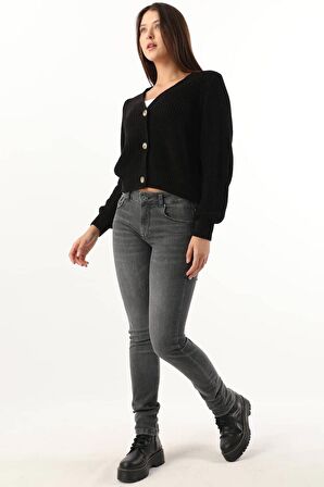 Kadın Orta Bel Düz Dar Kesim Jean Pantolon Koyu Gri