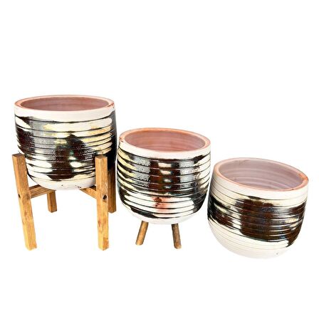 Ev Dekorasyon Aksesuar Yeşil Sırlı Terrakota Toprak Saksı Saksılık Salon Çiçeklik Üçlü Set- 19 CM