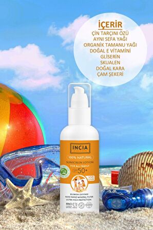 INCIA %100 Doğal Organik Tamanu Yağlı Güneş Losyonu Mineral Filtreli Tüm Aile İçin SPF 50+ 100 ml