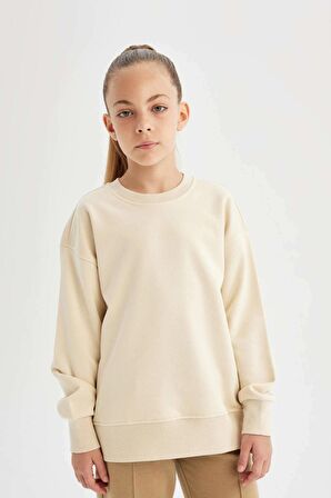 DeFacto Kız Çocuk Relax Fit Bisiklet Yaka Pamuklu Basic Düz Okul Sweatshirt A2797A824AUBG286