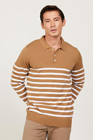 Erkek VIZON-EKRU Standart Fit Normal Kesim Polo Yaka Çizgili Triko Kazak