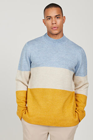 Erkek Mavı-hardal Standart Fit Normal Kesim Yarım Balıkçı Yaka Çizgili Triko Kazak