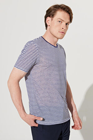 Erkek Beyaz-Lacivert Slim Fit Dar Kesim Bisiklet Yaka Çizgili Tişört
