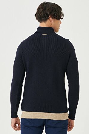 Erkek Lacivert-vizon Standart Fit Normal Kesim Tam Balıkçı Yaka Triko Kazak