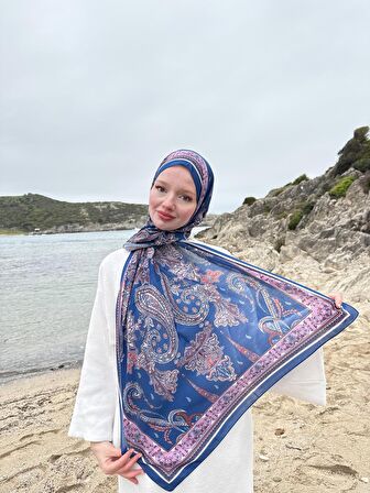 Timeless Wieve Serisi Etnik Desen Şal Saks Mavisi