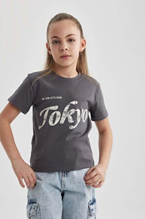 DeFacto Kız Çocuk Slim Fit Dar Kesim Bisiklet Yaka Fitilli Kaşkorse Baskılı Kısa Kollu Tişört B5101A824SMAR148