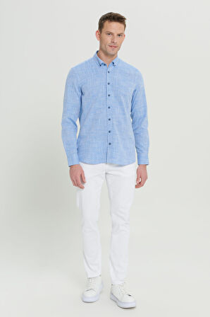 Erkek Mavi Slim Fit Dar Kesim %100 Pamuk Armürlü Düğmeli Yaka Casual Gömlek