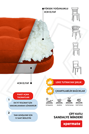 XPERMATE 6'lı  Çift Kat Sandalye Minderi Fermuarlı Yıkanabilir Kılıf Bağcıklı Su ve Yağ İtici 42x42x8 Kiremit