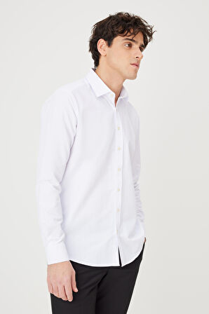 Erkek Beyaz Slim Fit Dar Kesim Klasik Yaka Pamuklu Armürlü Gömlek