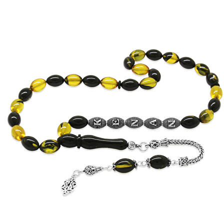 925 Ayar Gümüş Püsküllü Arpa Kesim Gümüş İsim Yazılı Sarı-Siyah Ateş Kehribar Tesbih