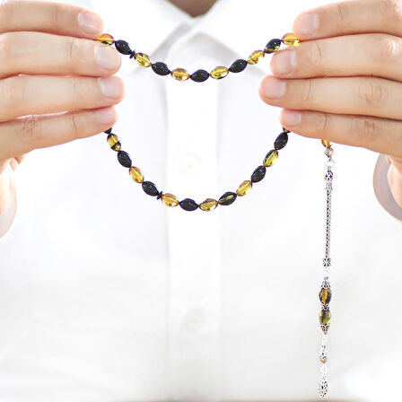 925 Ayar Gümüş Püsküllü Arpa Kesim Sarı-Siyah Ateş Kehribar Tesbih