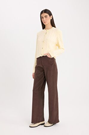 DeFacto Wide Leg Fitilli Kadife Kışlık Pantolon Yüksek Bel Geniş Bol Paça Basic Düz Cepli A4685AX24WNBN335