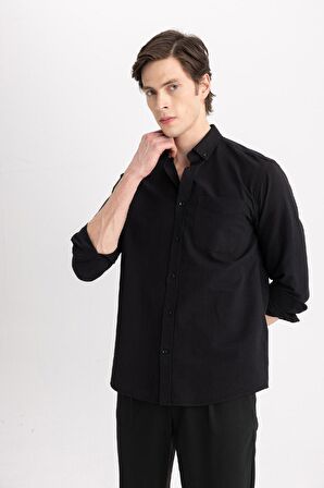 DeFacto Regular Fit Polo Yaka Oxford Basic Düz Uzun Kollu Siyah Gömlek A8028AX24SPBK81