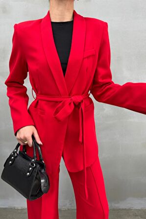 Kadın Ikili Kuşaklı Blazer Ceket Pantolon Takım