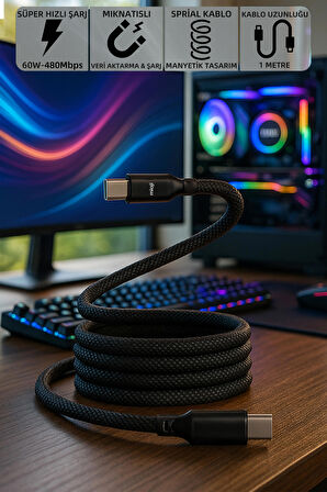Mioji Mio SC1000 USB-C To USB-C 60W Mıknatıslı Spiral Süper Hızlı Şarj ve Data Kablosu 1m - Siyah