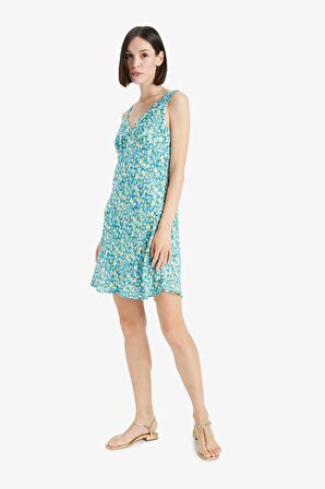 V Yaka Floral Maroken Kolsuz Mini Elbise