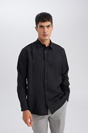 DeFacto Siyah Relax Fit Polo Yaka Twill Modal Karışımlı Basic Düz Uzun Kollu Gömlek D3376AX24AUBK26
