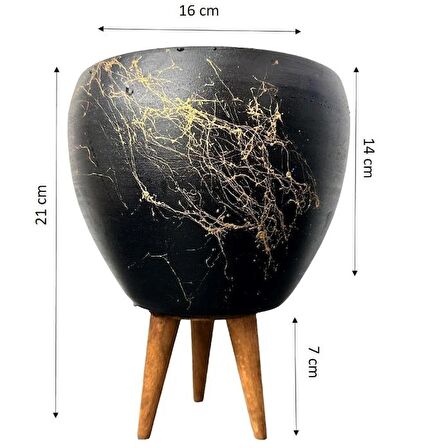 Ev Dekorasyon Siyah Üzeri Gold Mermer Efektli Toprak Saksı Saksılık Salon Çiçeklik 3 Ayaklı - 15 Cm