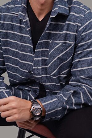 Mavi Beyaz Çizgili Oversize Erkek Gömlek