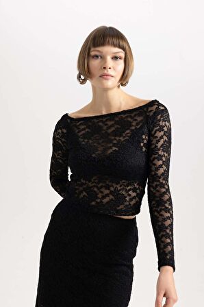 DeFacto Slim Fit Omuzu Açık Uzun Kollu Dantel Tişört B6647AX23WNBK81