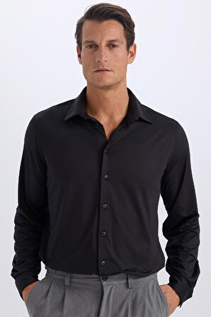 DeFacto Slim Fit Dar Kesim Polo Yaka Uzun Kollu Siyah Gömlek D4525AX24AUBK27
