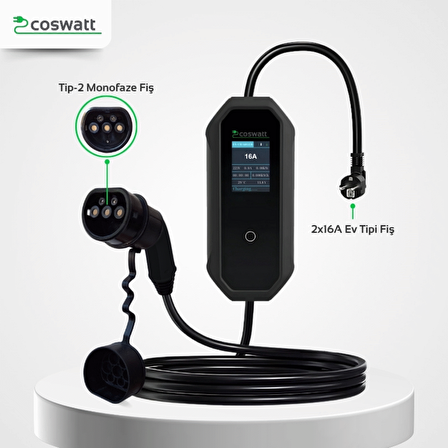 Coswatt Elektrikli Araba Taşınabilir Şarj Cihazı 3.5 kW / 16A / Tip-2 / Ev Tipi Schuko Fiş / Monofaze / 5m / Çantalı