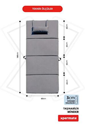XPERMATE Katlanır Şezlong Minderi - Taşınır Kamp Yatağı Su Itici Solmaz Kumaş 180x60x3 Antrasit Ultraluks