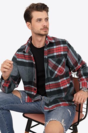 Dağ Grisi Kırmızı Çizgili Oversize Kalın Oduncu Gömlek