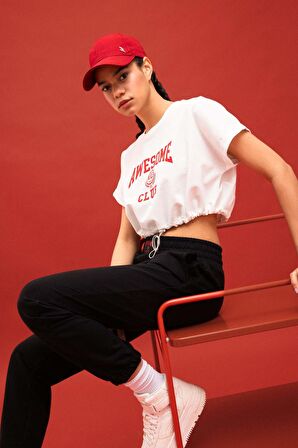 DeFactoFit Crop Bisiklet Yaka Baskılı Sporcu Kısa Kollu Tişört B8967AX24SMWT80