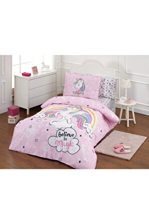 Özdilek Pembe Unicorn Lastikli Çarşaf Tek Kişilik Nevresim Takımı 5253