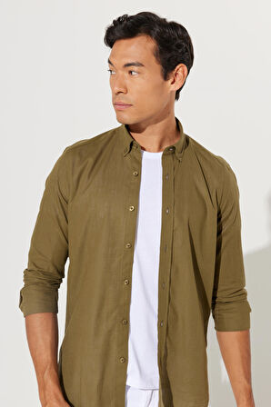 Erkek K.haki Tailored Slim Fit Oxford Düğmeli Yaka Keten Görünümlü %100 Pamuk Flamlı Gömlek