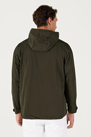 Erkek Haki Standart Fit Normal Kesim Kanguru Cepli Kapüşonlu Mont