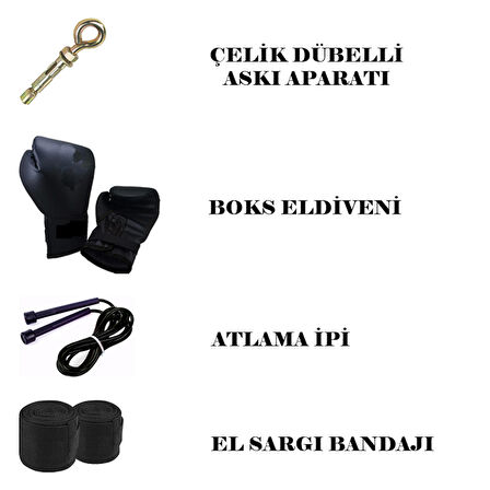 Desfabe Boxing Star 120x32Cm Zincirli Boks Kum Torbası Siyah+Aparat+Boks Eldiveni+Bandaj+Atlama İpi